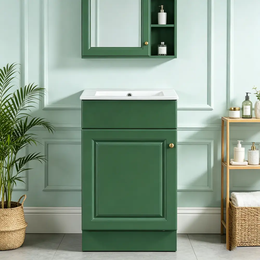 Golden Land 18" forest green bathroom vanity installed in a modern, compact bathroom interior.