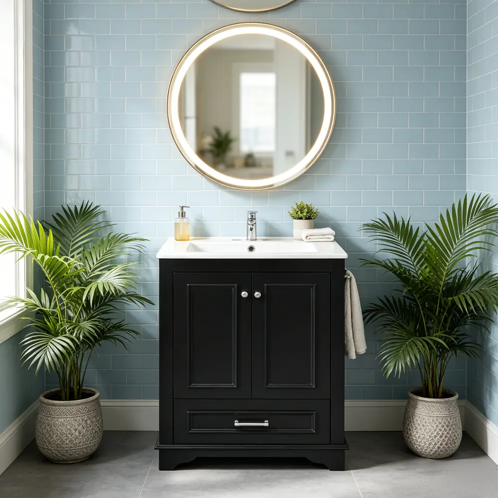 Golden Land 24" black bathroom vanity staged in an elegant, modern bathroom interior.