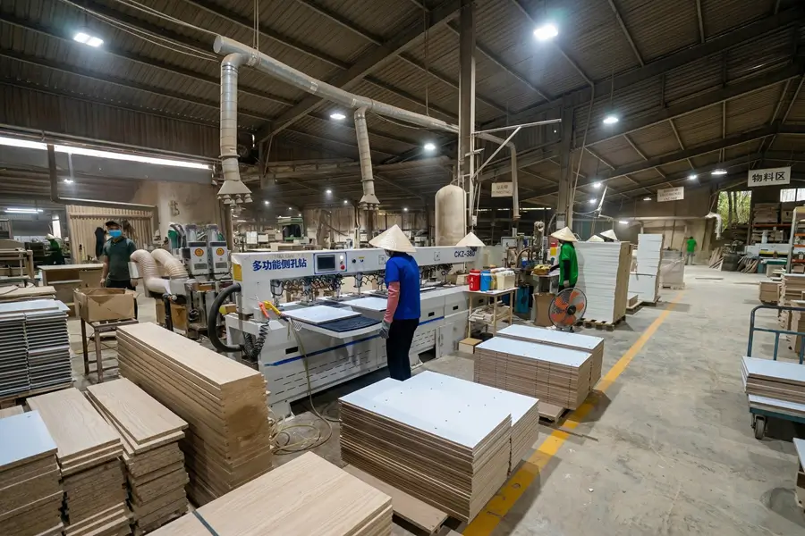 Precise drilling process for KD furniture assembly and hardware fitting.