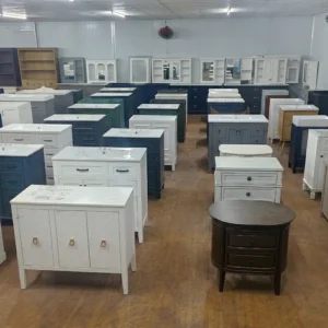 Showroom featuring various North American style bathroom vanities and KD furniture samples.
