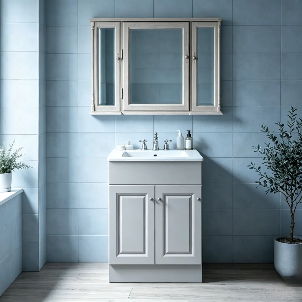 Golden Land 18" gray bathroom vanity installed in a modern, compact bathroom interior.