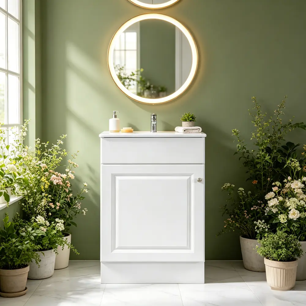 Golden Land 18" white bathroom vanity installed in a bright, modern, compact bathroom interior with a round illuminated mirror.