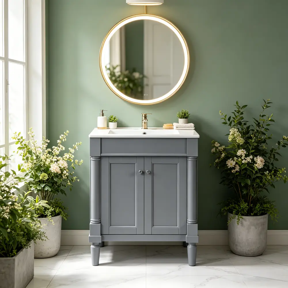 Golden Land 24" gray bathroom vanity installed in a bright, elegant bathroom interior with an illuminated mirror.