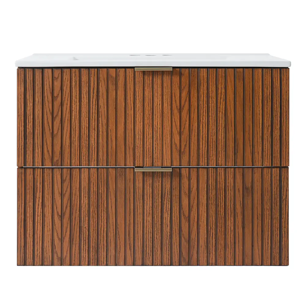 Golden Land 30 Inch Floating Bathroom Vanity Walnut Front View Sink