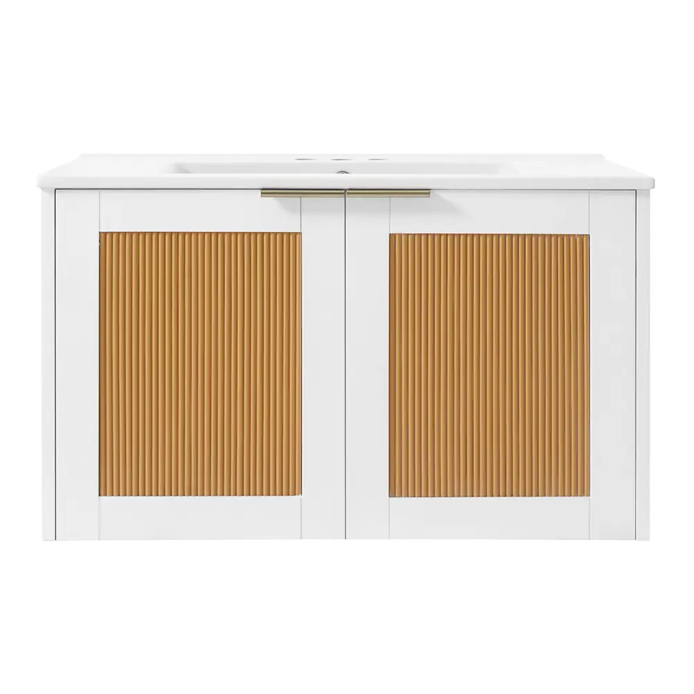 Golden Land 30 Inch Floating Bathroom Vanity White Oak Front View Sink