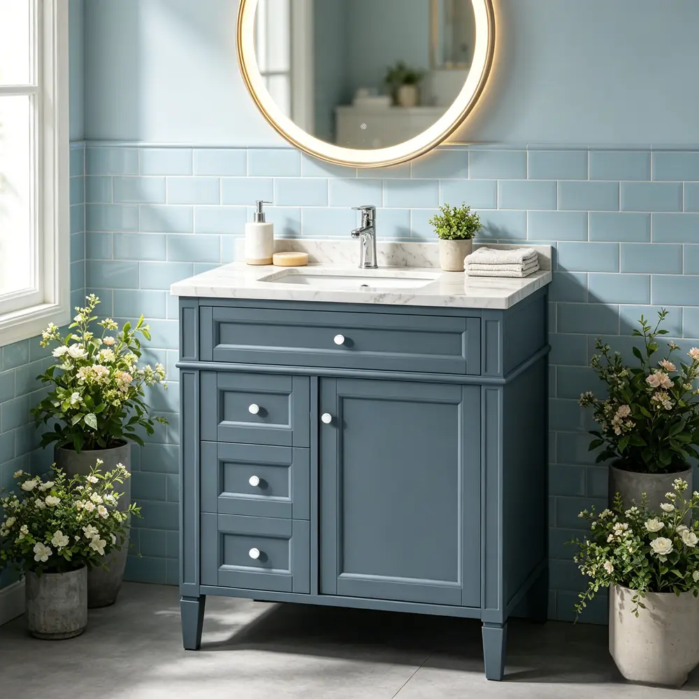 Golden Land 30 Inch Freestanding Bathroom Vanity Blue Lifestyle Bathroom Setting