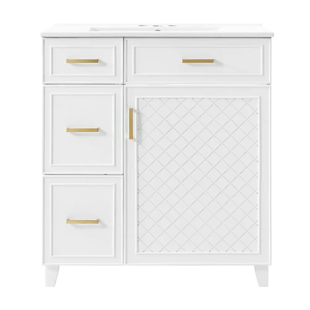Golden Land 30 Inch Textured Bathroom Vanity White Front View Sink