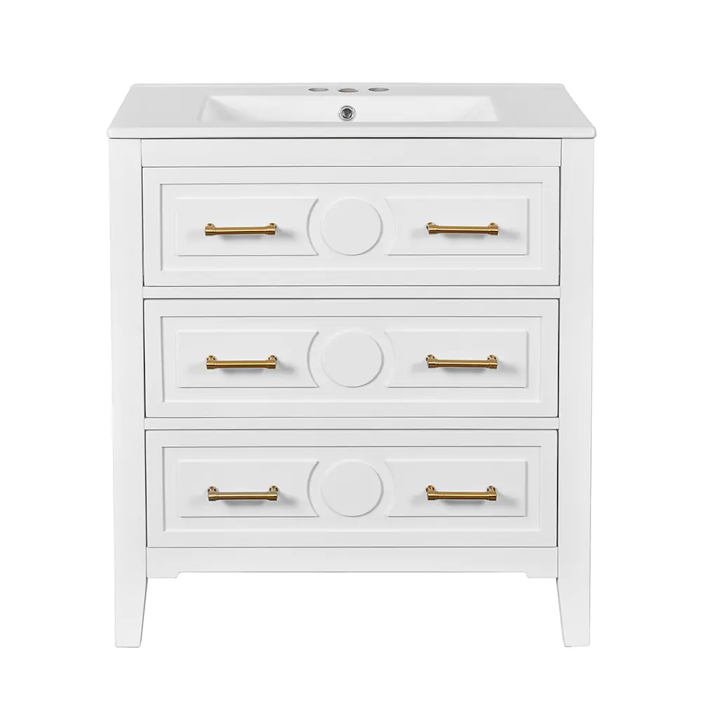 Golden Land 30 Inch Traditional Bathroom Vanity White Front View Sink