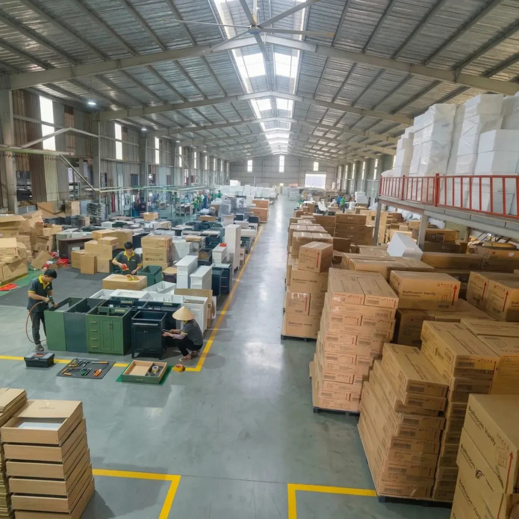 GoldenlandVN professional bathroom vanity production line in Vietnam factory, supplying wholesale cabinets for the North American market.