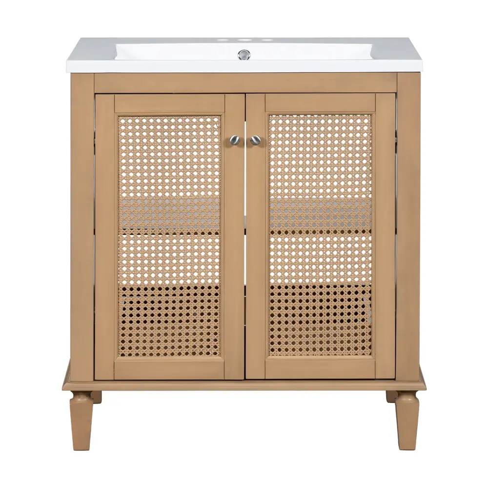 Golden Land 30 Inch Boho Rattan Bathroom Vanity Natural Front View Sink