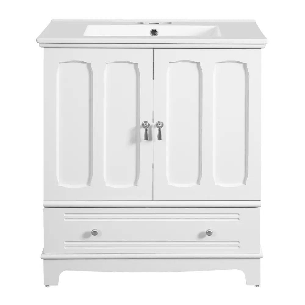 Golden Land 30 Inch Shaker Bathroom Vanity White Front View Sink