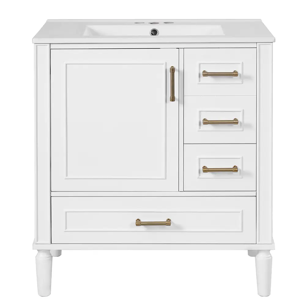 Golden Land 30 Inch Shaker Bathroom Vanity White Front View Sink