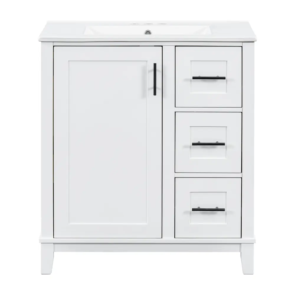 Golden Land 30 Inch Shaker Bathroom Vanity White Front View Sink